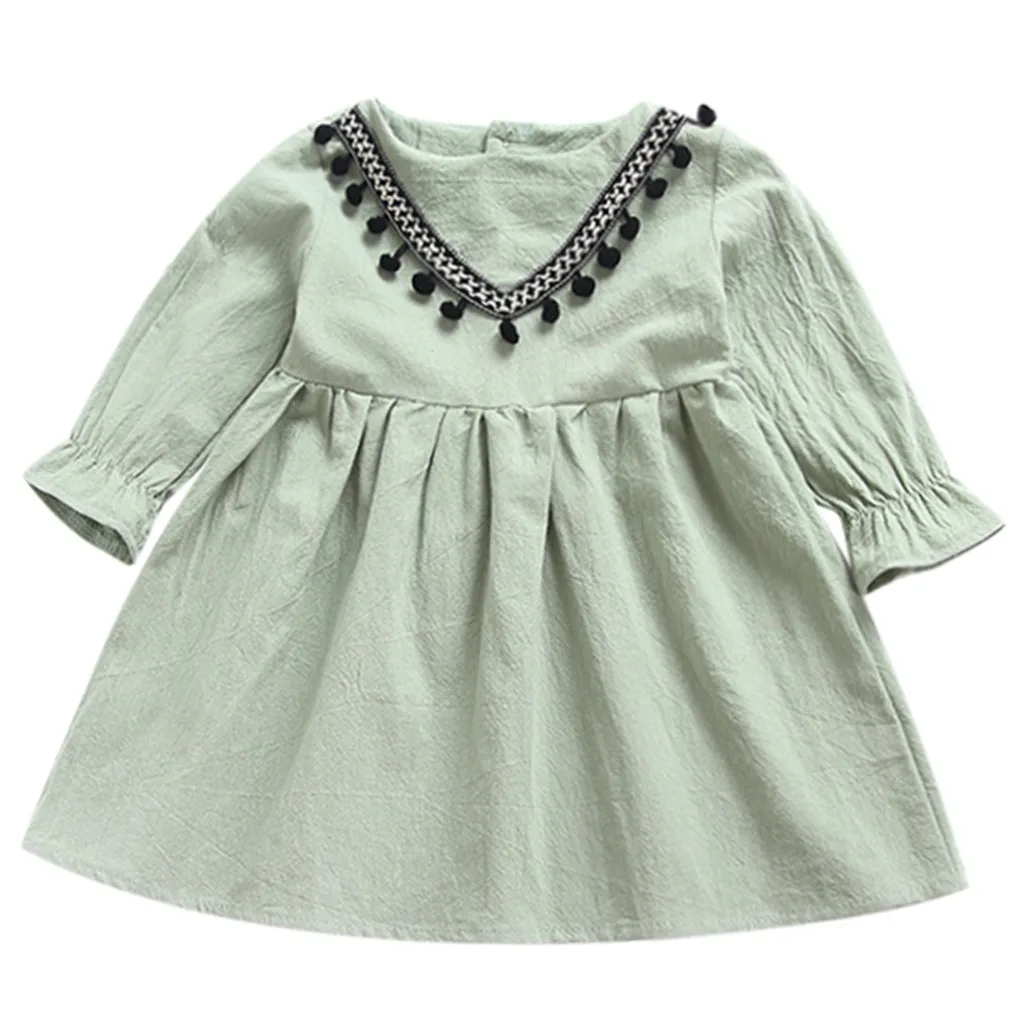 Mint Green Детские платья для девочек; платье для маленьких девочек; повседневная одежда из хлопка; весеннее платье с длинными рукавами; платья принцессы с рюшами и кисточками; Vestidos - Цвет: Mint Green
