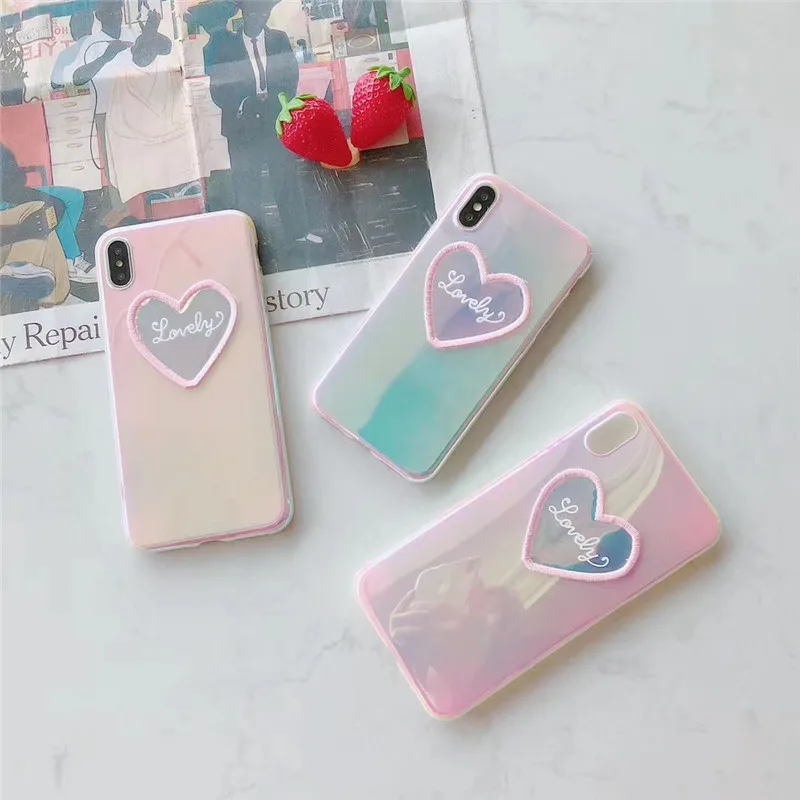 3D embroidery Love heart phone case for iphone 6 6s 7 8Plus shiny Laser soft tpu X XS Max XR cover |