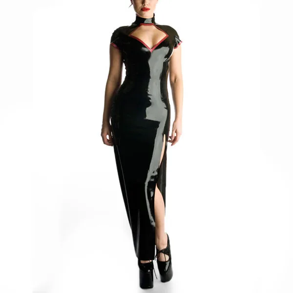 full-length Latex Black dress Tight Rubber evening gown Qipao style skirt | Тематическая одежда и униформа