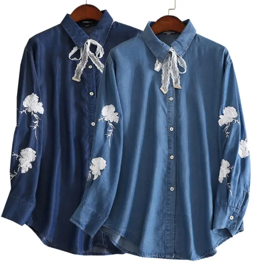 

2020 Spring Autumn New Casual Blue Denim Shirt Women Long Sleeve Loose Bow Tie blouse