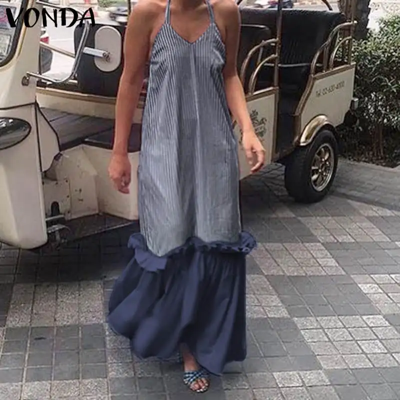 VONDA, женское богемное Длинное Макси платье, летнее, сексуальное, женское, одноцветное, Пляжное, вечернее, праздничное, сарафан, без рукавов, на бретельках, с v-образным вырезом, платья, 5XL