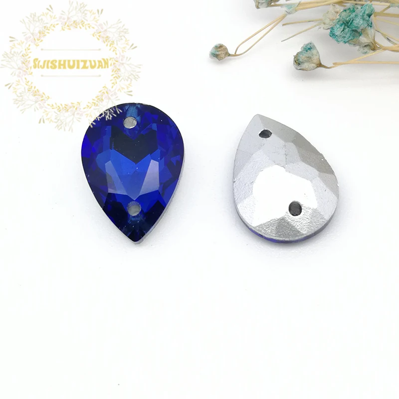 Sapphire blue water-drop shape Glass Crystal sew on rhinestones with two holes Diy wedding dress accessories Free shipping | Дом и сад