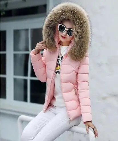 Pink Новая зимняя куртка женская настоящий Енот меховой воротник пуховая ватная куртка женские куртки утолщенная женская зимняя куртка - Цвет: Pink
