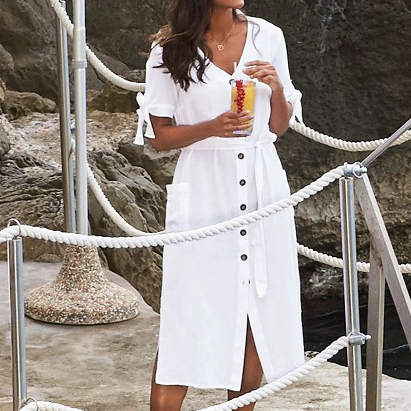 

White Black Cotton Women Casual Dress Short Sleeve Bandage Mid Dress Button Pockets Ladies Summer Dress Robe de Plage BeachTuinc