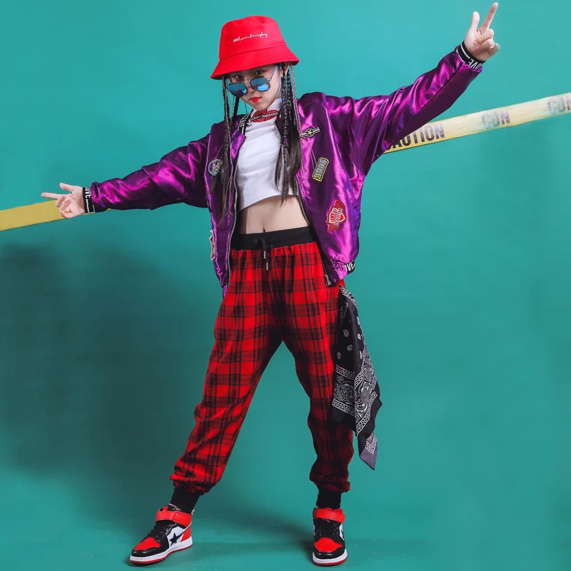 2019 New Children Street Jazz Dance Costume Suit Boys Girls Modern Hip Hop Clothing Purple Jacket Plaid Pants Tide DL3573 | Тематическая
