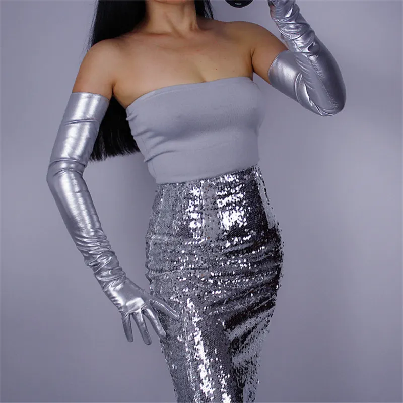 LeatheR silver 70 см Экстра длинные кожаные перчатки Над Локоть эмуляции кожи овчины PU женский яркий черный сенсорный экран функция WPU14-70 - Цвет: LeatheR silver