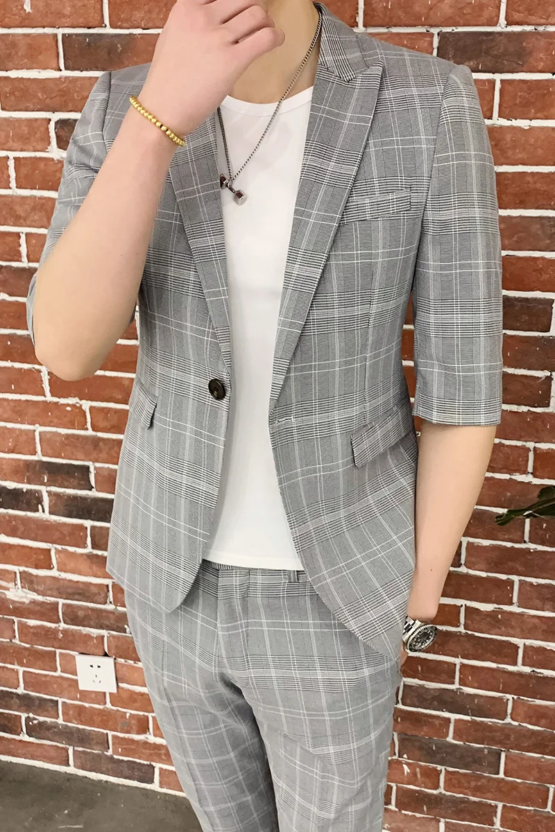 Высокое качество мужские костюмы в клетку со штанами модные облегающие деловые