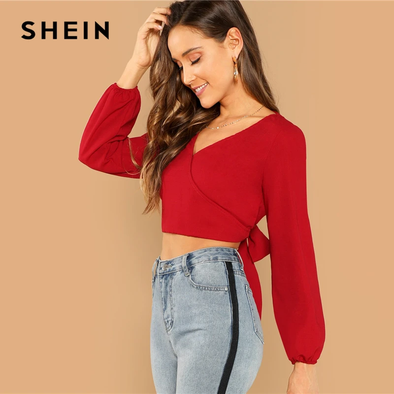 SHEIN красный сексуальный ночной женский топ с рукавом Бишоп с открытой спиной и v-образным вырезом на спине, приталенный Женский пуловер, Осенние современные женские блузки