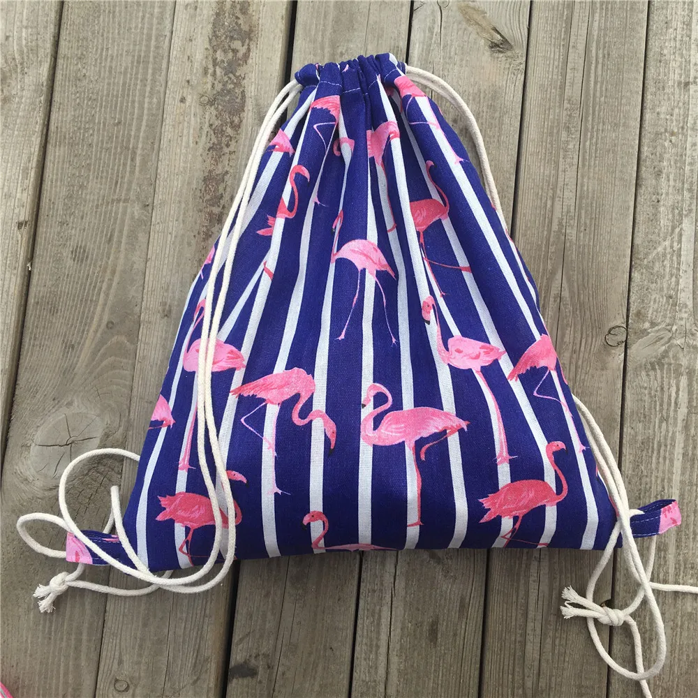 

YILE Cotton Linen Drawstring Travel Backpack Student Book Shoes Bag Pink Flamingo Blue Or White Base