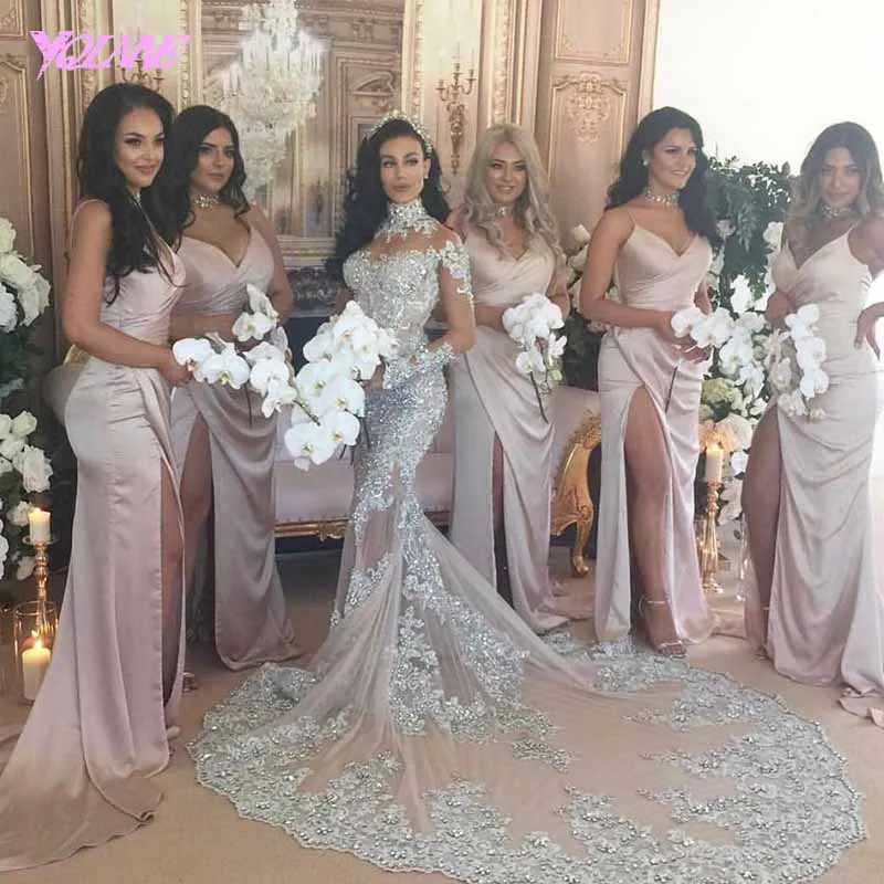 YQLNNE 2018 Luxury Gray Lace Mermaid Wedding Dress Bridal Gown High Neck Sweep Train Vestido De Noiva | Свадьбы и торжества