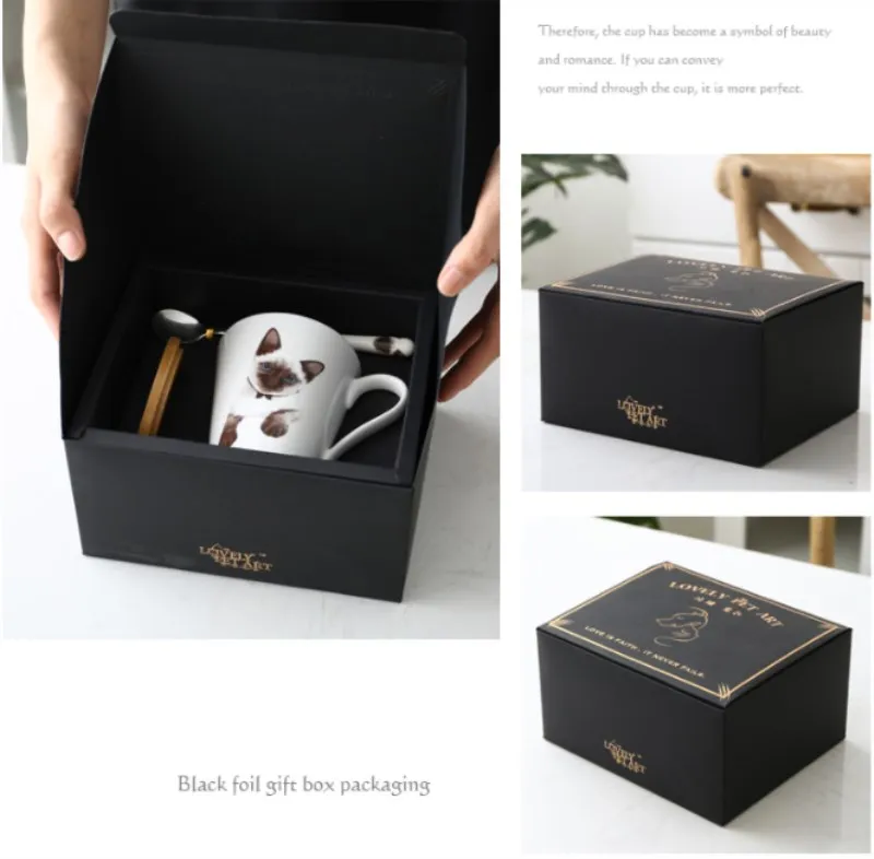 Gift Box Новые Сиамские керамические кружки с котом, милые чашки с животными, Студенческая парная кружка с молоком, Офисная и семейная кофейная чашка с крышками - Цвет: Gift Box