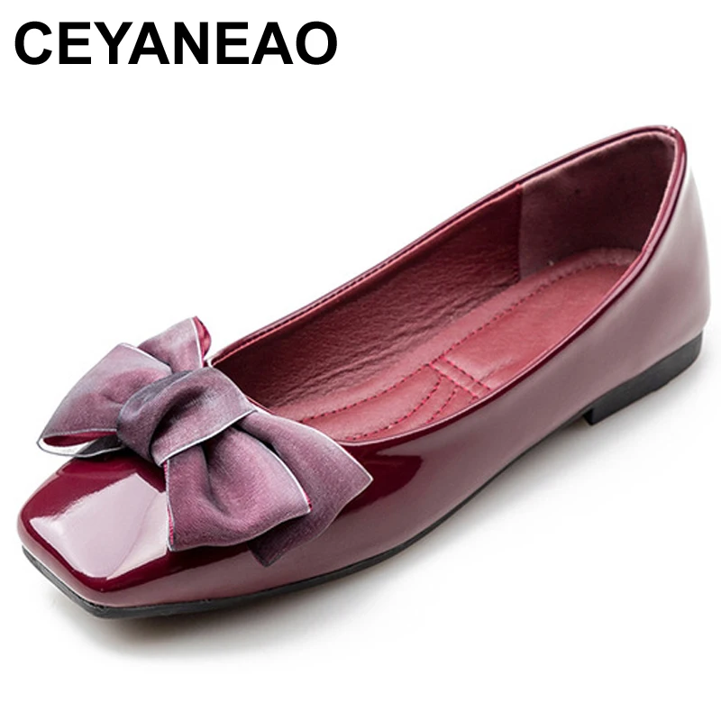 CEYANEAO2019 Spring New Fashion Luxury Women Soft Flat Butterfly Knot Ballet Flats Large Size Low Heels Designer ShoesE1129