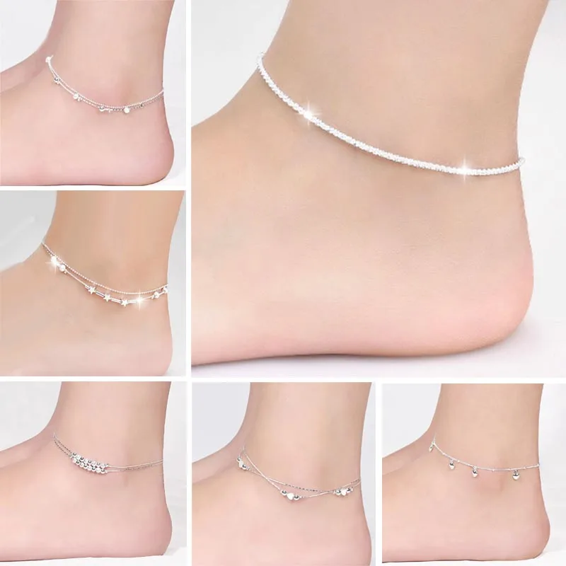 Женский браслет на ногу с бисером лодыжку серебряным покрытием в форме