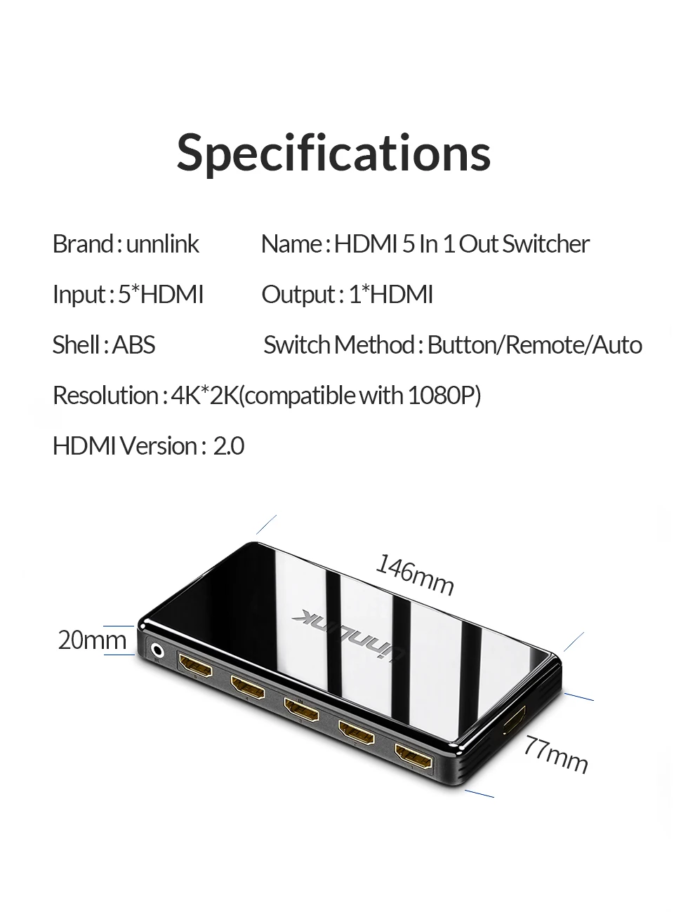 Unnlink HD mi Switch 5x1 HD mi 2,0 UHD4K@ 60 Гц RGB4: 4: 4 HDCP 2,2 HDR 5 в 1 выход для smart tv mi box3 ps4pro xbox one x/s проектор