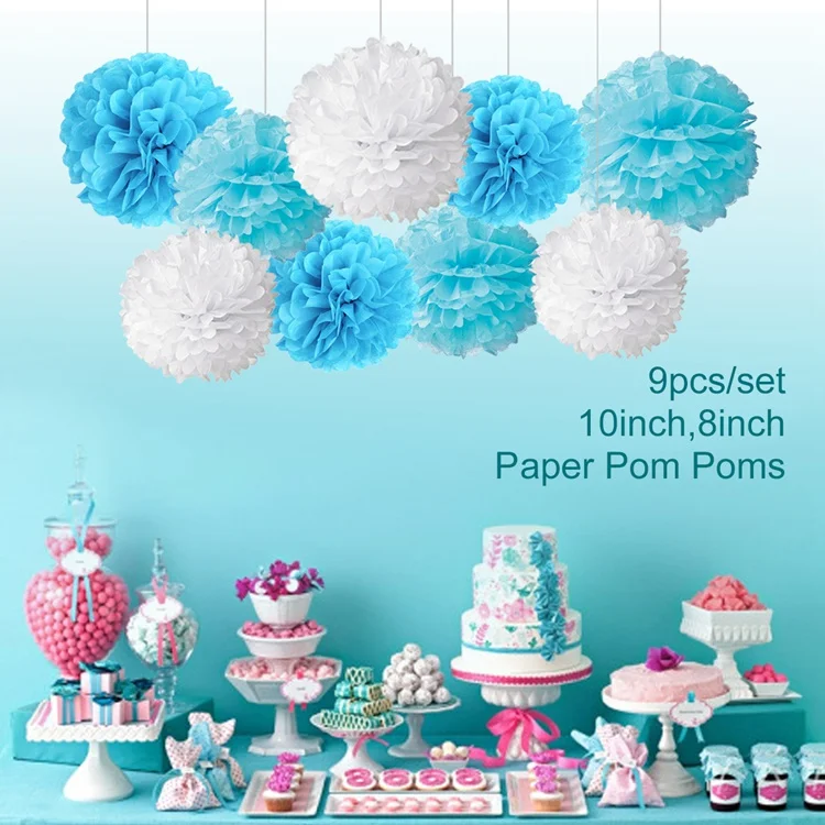 Blue White Pompoms FENGRISE синие вечерние украшения для мальчиков, вечерние принадлежности для мальчиков, Детские сувениры на день рождение вечерние украшения, первый день рождения, воздушные шары, баннер - Цвет: Blue White Pompoms