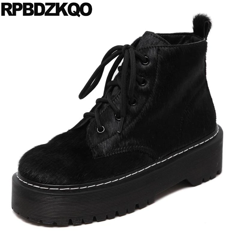 криперы Толстая подошва Настоящая кожа мех Фарфор для обуви женщин лифт черный