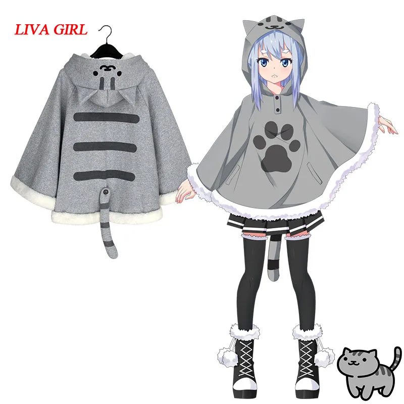 

Harajuku Neko Atsume Cosplay Cloak Winter Cute Cat Hoodies Coat Daily Fleece Cloak Xmas Gift Lolita Tops 2 colors