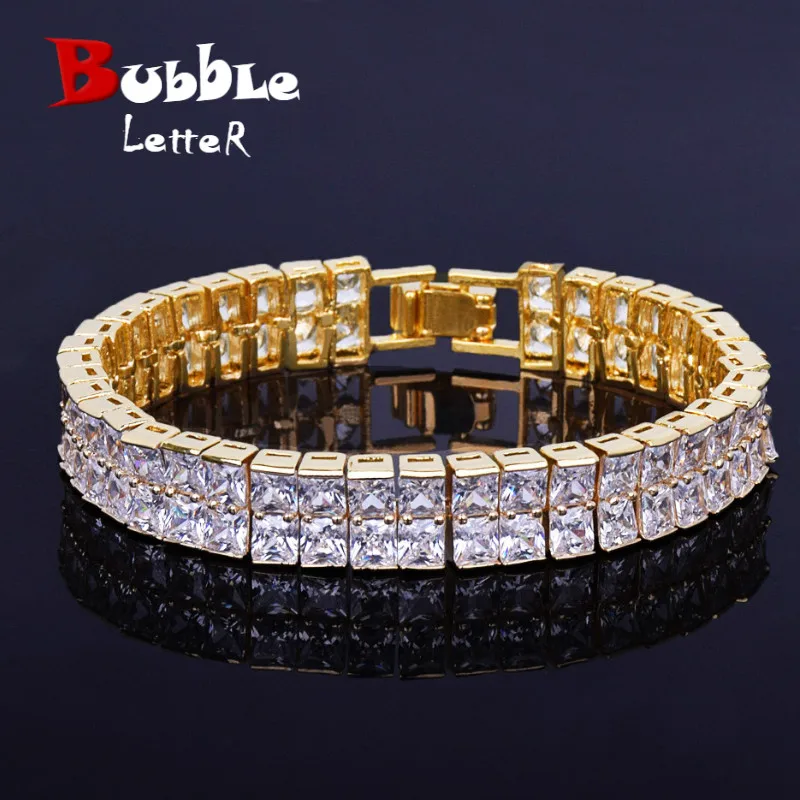 

10mm Iced 2 Row Zircon Tennis Chain Men Hip hop Jewelry Copper Material Gold Color Square CZ Bracelet Men Link 18cm