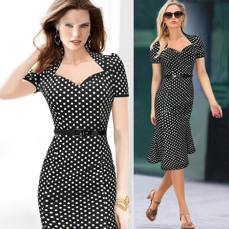 2017 Винтаж оболочка в черный горошек печати Midi Bodycon платье короткий рукав офисные