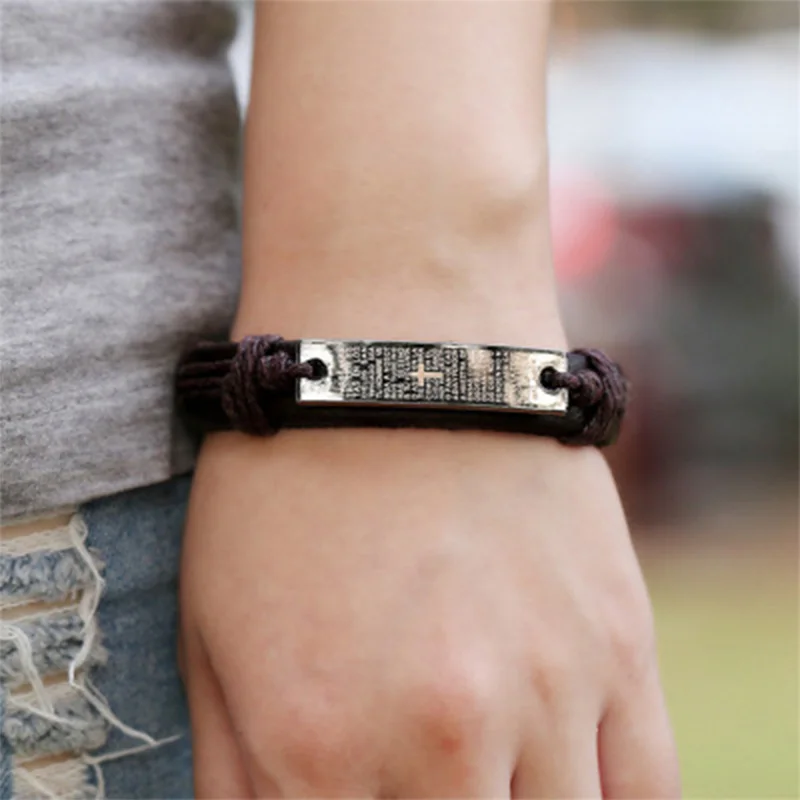 PUN персонализированный Кожаный Плетеный Шарм Крест Библейский браслет для