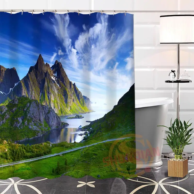 

Eco-friendly Custom Unique Popular Rivers Mountains Fabric Modern Shower Curtain bathroom With Hooks for yourself H0220-142
