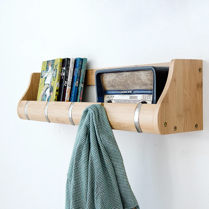 

2017 New Creative Bamboo Coat Racks with Storage Rack Hanging Shelf 2 3 Hanging Hook Hanger Stainless Zinc Hooks Home Supplies