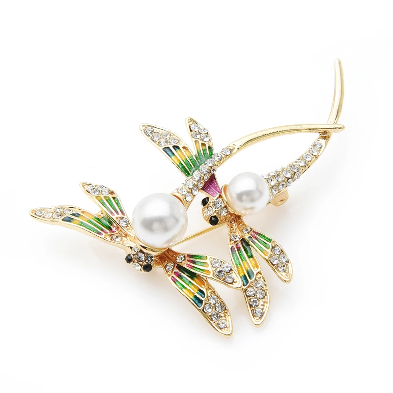 Wuli&ampbaby Enamel Double Dragonfly Brooches Green Wings Simulate-pearl Insect Brooch Pins For Women 2019 | Украшения и