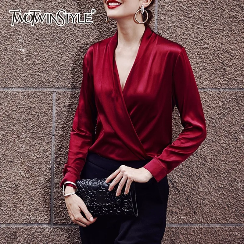 TWOTWINSTYLE Patchwork Summer Blouse Womens V Neck Long Sleeve Slim Shirt Tops Female Big Size Fashion 2020 Elegant Clothing OL | Женская