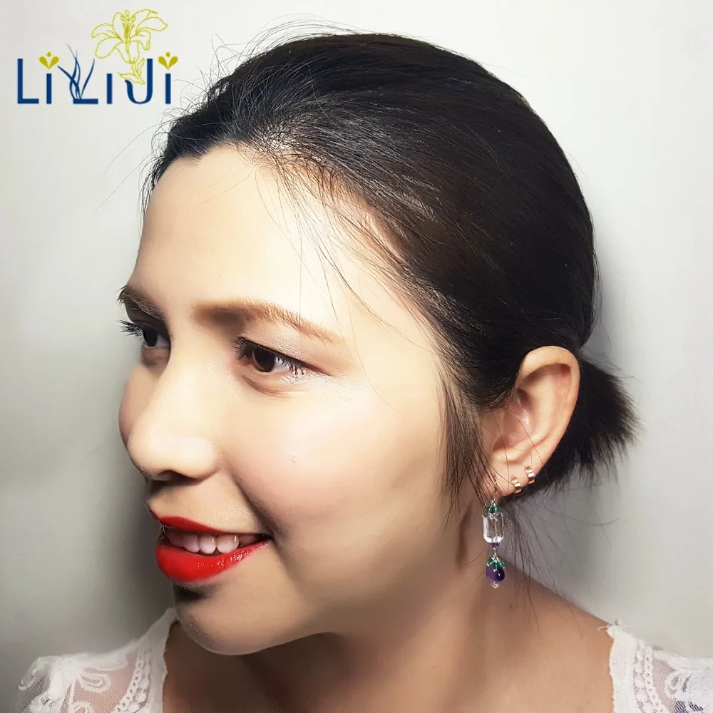 

Lii Ji Gemstone Natural Green Onyx,Amethyst ,Clear Quartz 925 Sterling Silver Gold Plated Earring Women Fashion Jewelry