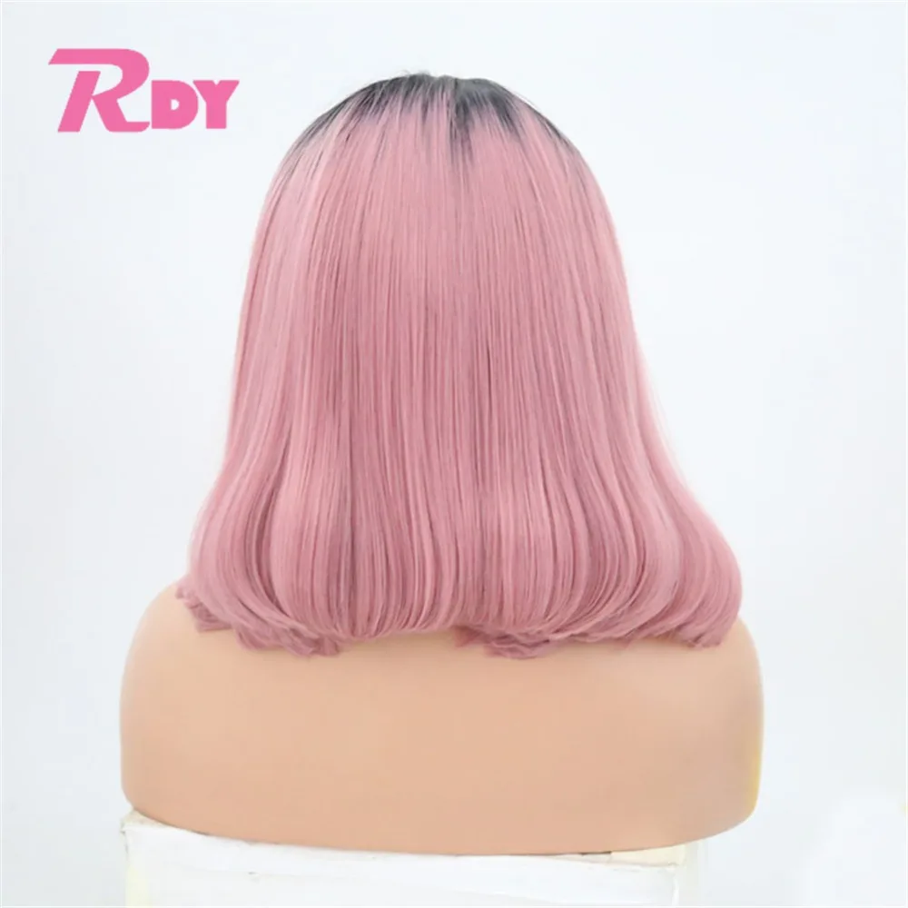 RONGDUOYI Ombre Black Pink Short Synthetic Lace Front Wig Middle Part Two Tone Color Bob Wigs for Women | Шиньоны и парики