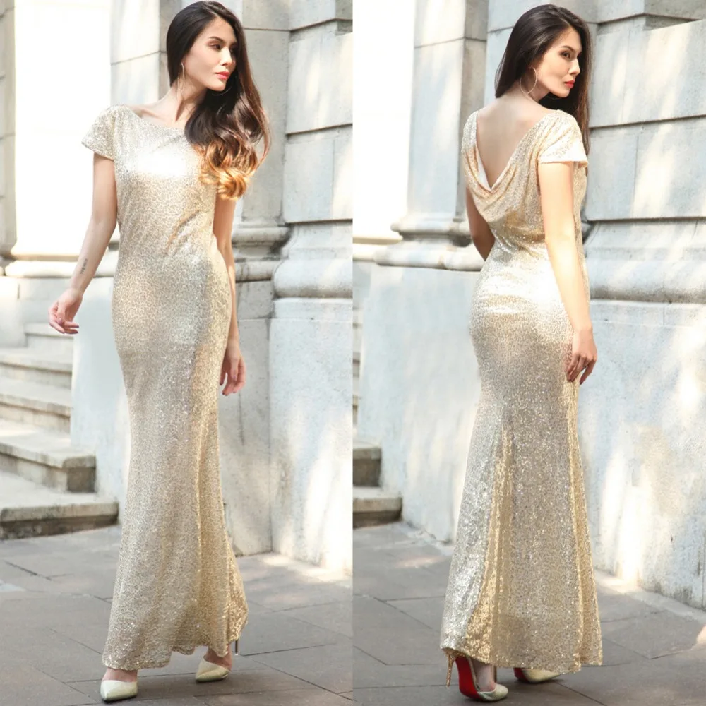2017 Женщины Золото Sequin Dress Империя О-Образным Вырезом С Коротким Рукавом Винтаж