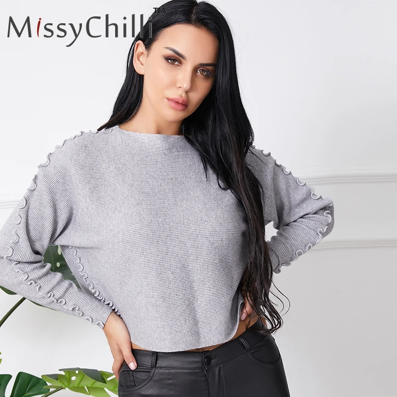 Женский вязаный свитер MissyChilli серый с длинным рукавом и волнистым люрексом |
