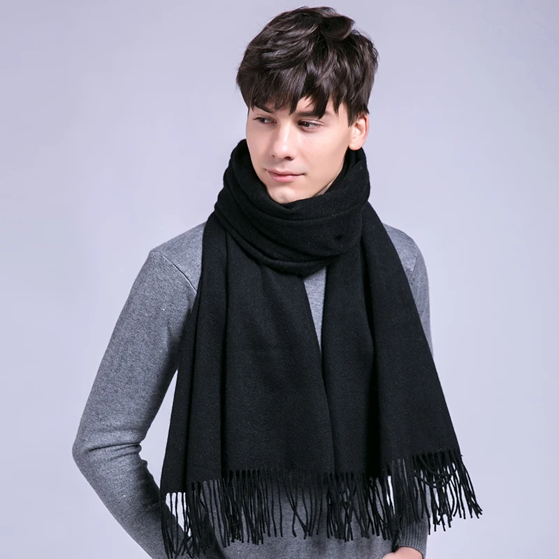 Winter 100% Wool Scarf For Men Warm Solid Tassels Echarpe Fine Neck Scarves Male Fashion Cashmere Scarfs Bufandas Hombre |