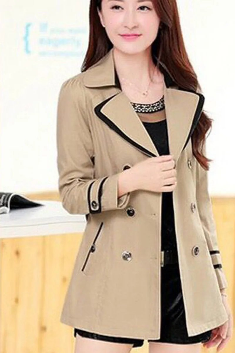 

Women thin windbreaker jacket coats spring and autumn fashion stitching V-neck double-breasted jaqueta corta vento feminina 3XL