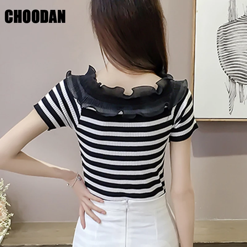 Трикотажные Для женщин блузки белый/черный/полосатая блуза рубашка короткий