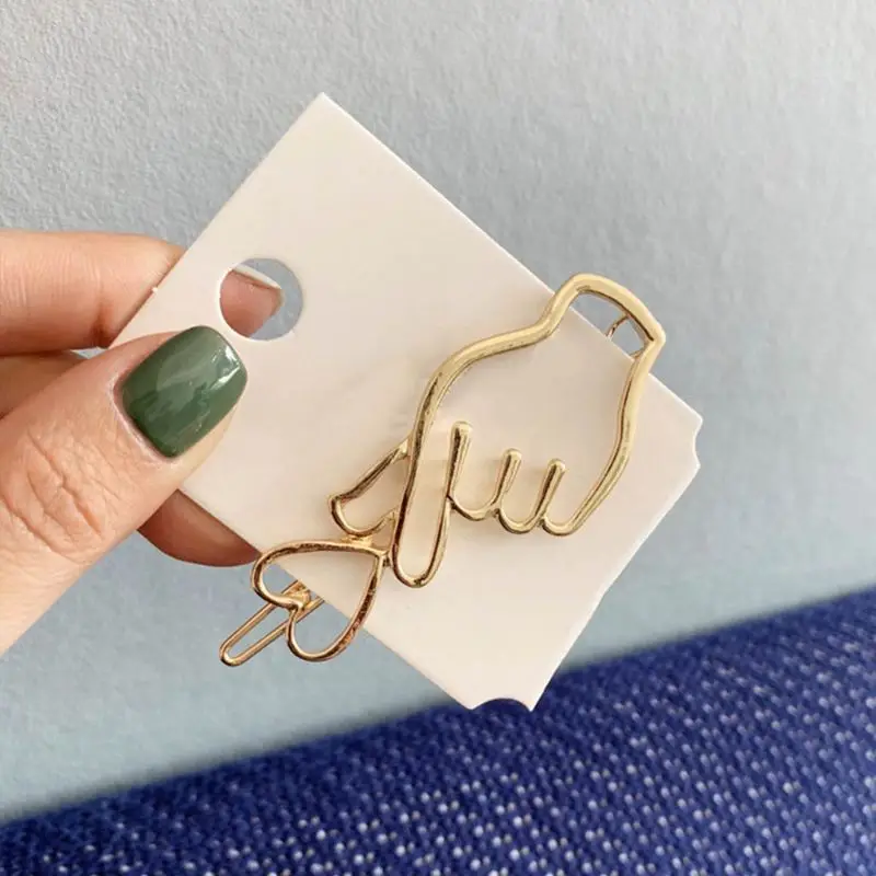 Korean Creative Finger Heart Shaped Bobby Pins Women Girls Polished Metallic Gold Silver Hair Clips Hollow Geometric Barrettes| |