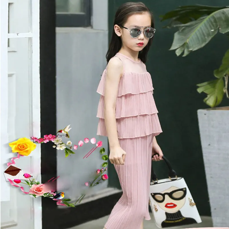 Pink Летняя одежда для девочек, изысканные наряды для девочек, детская одежда, шифоновые топы без рукавов для малышей+ Капри - Цвет: Pink