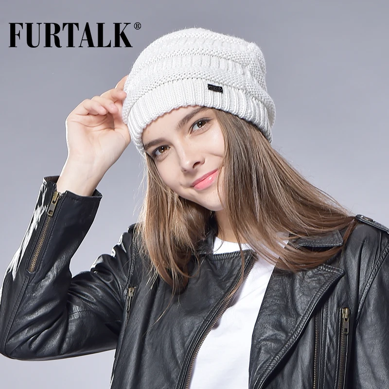 FURTALK, Зимняя шерстяная шапка бини для женщин, зимняя вязаная громоздкая шапочка, теплая Дамская шапка Skullies, женский шерстяной чулок, шапка