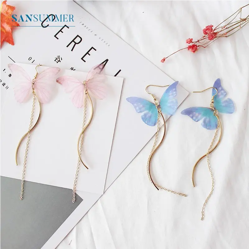 Женские серьги подвески с бабочками длинные из пряжи стразы