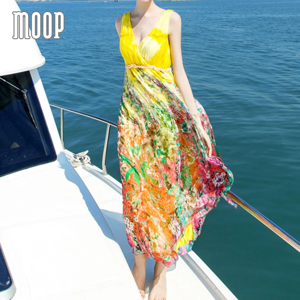 Лето Boho розовый желтый натуральный цветочный шелковое платье длинное пляжное