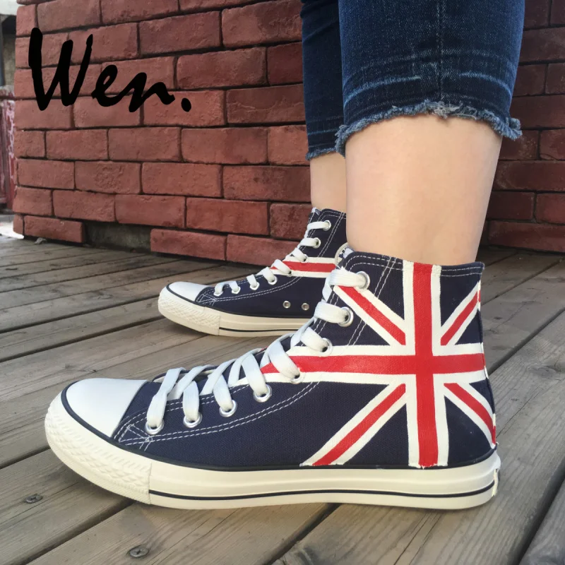 

Wen Blue Hand Painted Shoes Design Custom UK Flag Men Women's High Top Canvas Sneakers Platform Plimsolls Men Women's Gifts