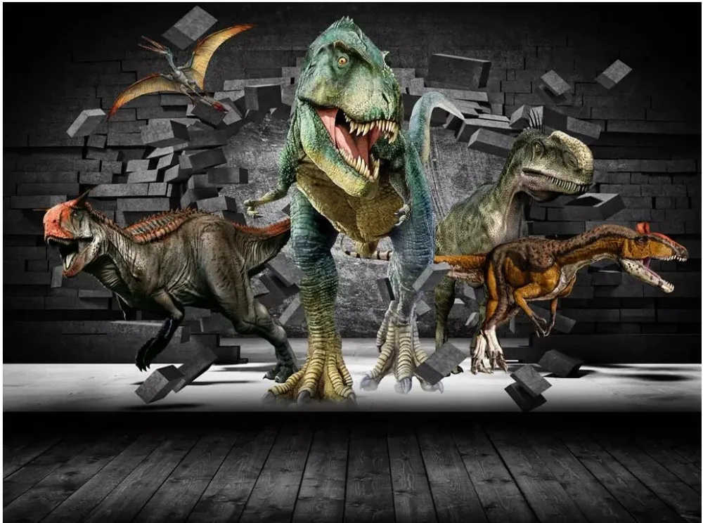 

3d photo wallpaer custom mural Dinosaur breaks the wall and jailbreak background Room wallpaper for walls 3 d home improvement
