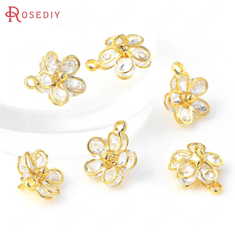(35804)6 шт. 10x12 мм латунный и циркониевый цветок сливы цвета 24-каратного золота