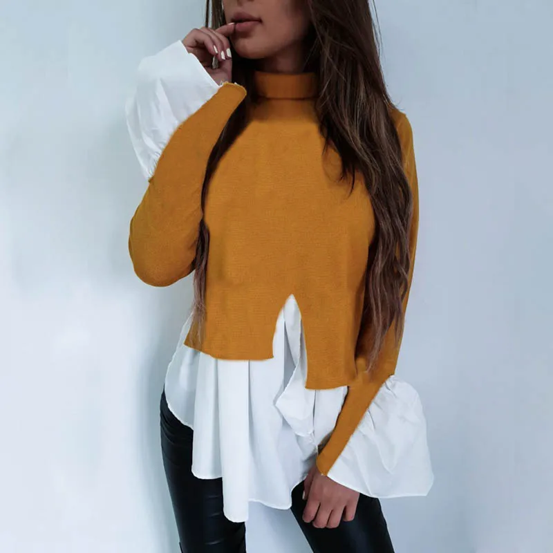 Yellow Viensta, женская футболка с оборками и расклешенными рукавами,, водолазка, из кусков, пуловеры, топы, повседневные, с разрезом, неровные, Kawaii, джемпер, Топ - Цвет: Yellow