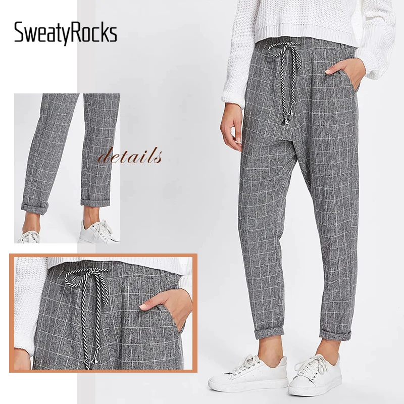 SweatyRocks свернутые края шнурок талии клетчатые брюки повседневные зауженные свободные брюки Весна уличная одежда женские серые брюки