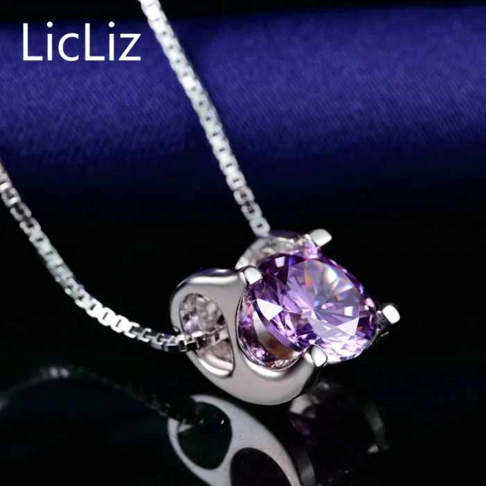 LicLiz 925 пробы серебряный пасьянс подвески для женщин белый желтый фиолетовый кубический цирконий подвески для ожерелья медальон без цепи LP0214 - Цвет камня: Purple Zircon