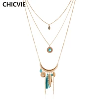 chicvie blue crystal bead gold color necklace multi layer statement necklaces pendants women summer trending jewelry sne160037