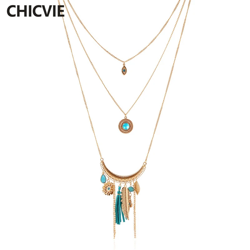 CHICVIE синие Кристальные бусины золотого цвета многослойное ожерелье эффектные