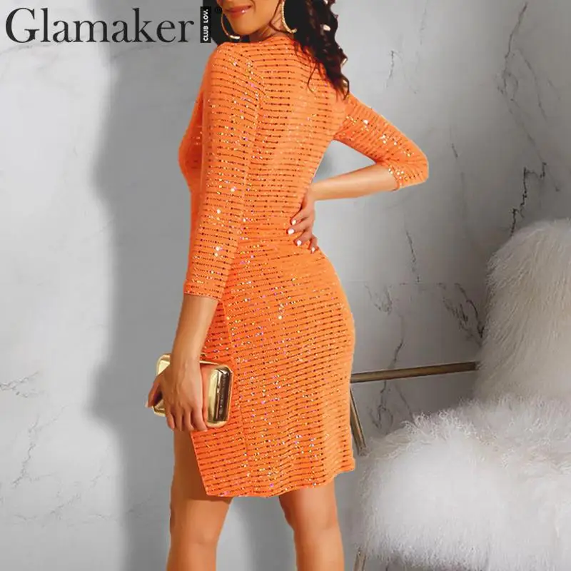 Glamaker Sequin сексуальное асимметричное облегающее платье с v-образным вырезом женское летнее короткое платье с высоким разрезом женское блестящее вечернее платье