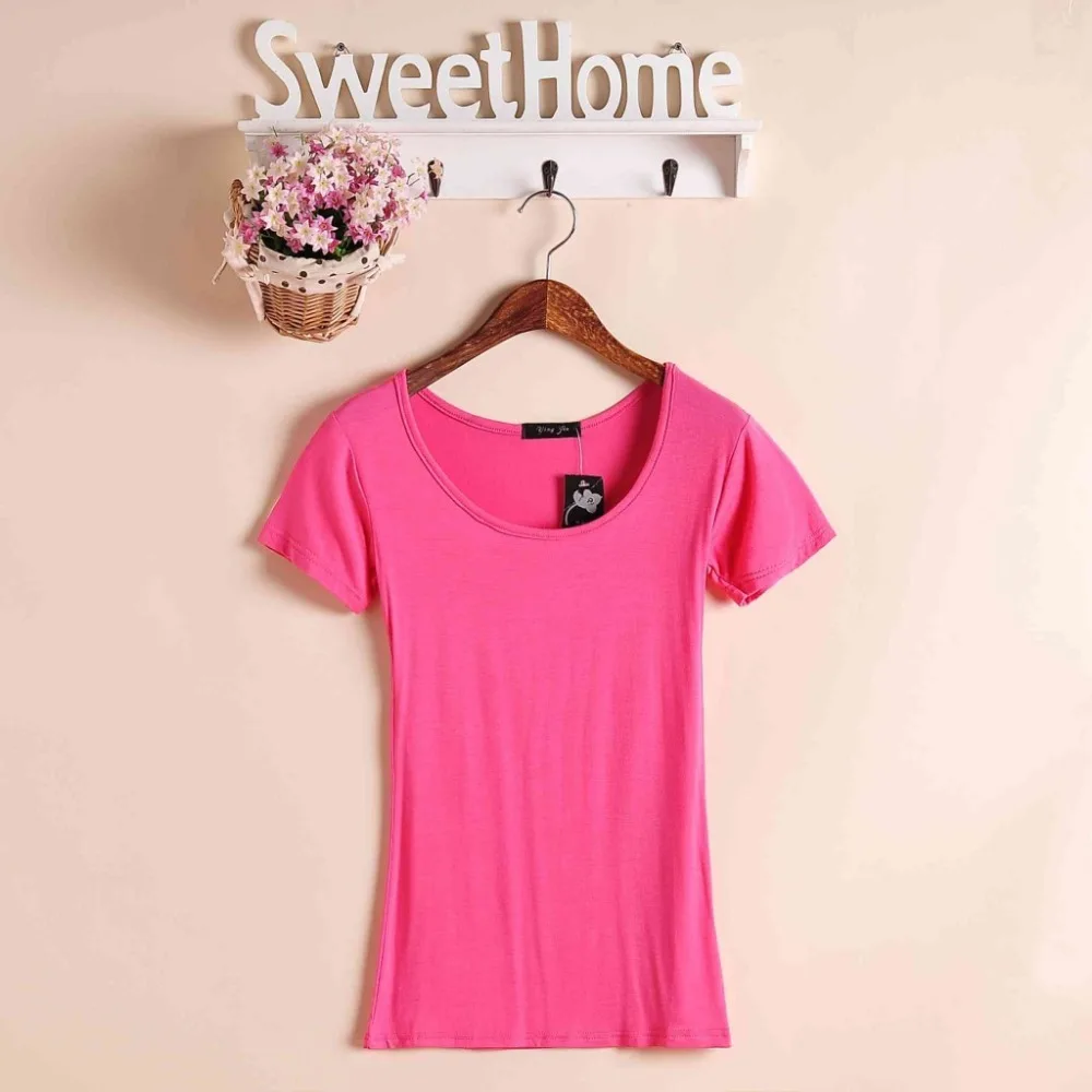 Футболка женская эластичная из хлопка Повседневная Однотонная рубашка с